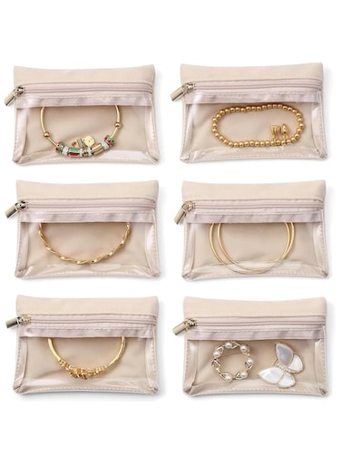 SVNXI 6 Pcs Travel Velvet Jewellery Pouch with Zipper Clear Travel Jeweellery Bag Jewellery Travel Organizer for Travel Business Trip (Beige)