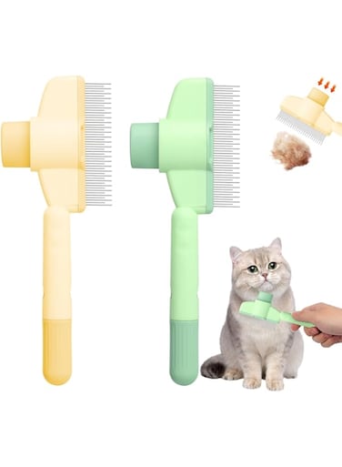 FEJYTOR 2 PCS Pet Hair Removal Comb Flea Comb, New Cat Brush with Release Button, Pet Grooming Brush for Short&amp;Long Hair(Yellow+Green）