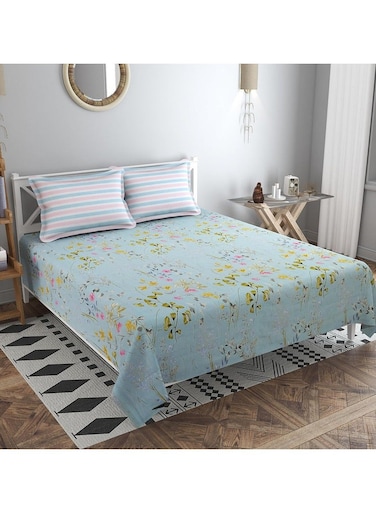 HOME Premium Glace Cotton King Bed Sheets with 2 King Pillowcases by Kingston   Luxurious Soft Sheets Cotton (3 Piece Set, 275 X 275 CM Flat sheet, 50 X 75 CM Pillow Covers, Sky Blue and Pink)