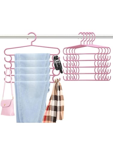 Excefore 5 Pack Skirt Pants Hangers Space Saving 5 Tier Skirt Hanger with Hook on Both Sides Pants Trouser Hangers Closet Organizer for Jeans, Slacks, Shorts (Pink)