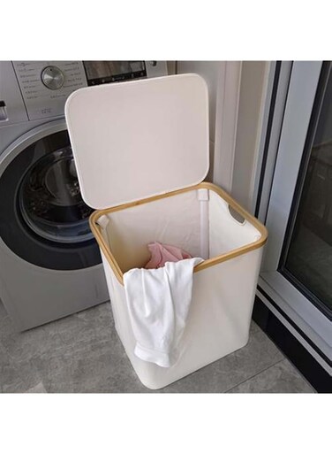 【TTQK】Foldable Dirty Laundry Storage Basket - Laundry basket with lid - Large laundry basket with handle - Bedroom laundry basket - Bamboo bathroom trash can - 100 litres (Beige)