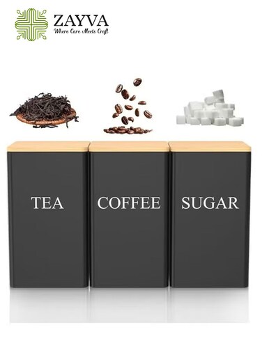 Set of 3 Tea Coffee Sugar Canisters, Kitchen Storage Jars with Bamboo Lid, Metal Storage Tin for Kitchen Containers &amp; Storage Black (8.5x8.5x15cm)