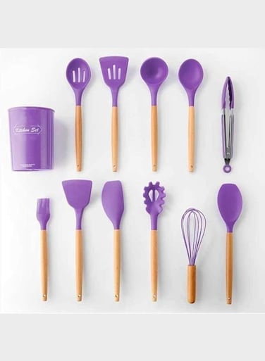 LLC Silicone Kitchen Utensils Set with Holder 12 PCS Cooking Utensils Set with Wooden Handle Heat Resistant Kitchen Gadgets Kitchen Accessories (Purple)