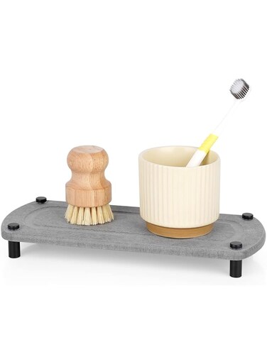Ozzptuu Sink Caddy Instant Dry Kitchen Sink Organizer Sponge Holder for Kitchen Sink Diatomaceous Pedestal Stand Riser with Stainless Steel Feet Protection for Modern Home (Grey)