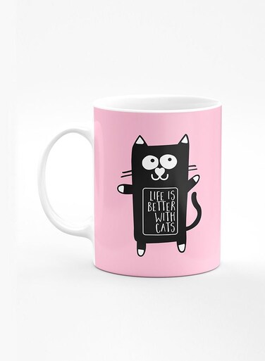 Designer Printed Coffee Mug with Heavy Duty Handle 11oz Ceramic Personalised Gift Mugs Cup [Microwave Safe &amp; Dishwasher Proof] - Life is better with cats