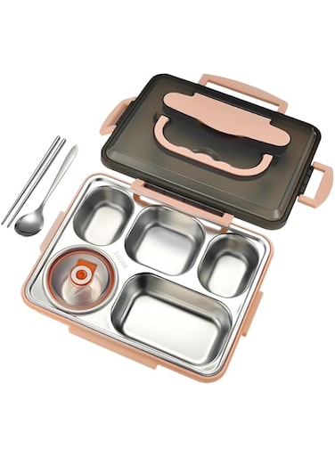 Aputue Stainless Steel Bento Box, 5 Compartments Lunch Box for Adult, Lunch Box Container with Spoons and Chopsticks, Leak Proof Food Container for Microwave, Dishwasher Safe