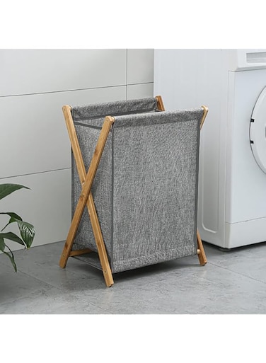 MUMOO BEAR Portable Folding Laundry Basket, Bamboo Wood Laundry Hamper, Household Dirty Clothes Hamper Clothes Storage Basket, X Frame, for Bedroom Bathroom Laundry Room Balcony (M)