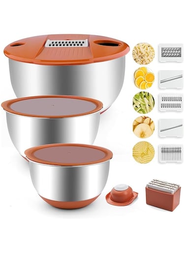 Mixing Bowls, Stainless Steel Mixing bowl with 5 Graters, Set of 3 Bowls with Airtight Lids, Large Nesting Metal Bowls, Measurement Marks &amp; Non-Slip Bottoms, Salad Bowl, Baking bowl, Mixing bowl.