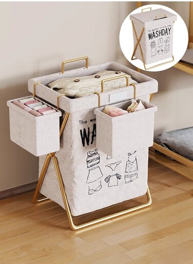 Collapsible Laundry Basket, Waterproof Laundry Hamper, Laundry Bag, Clothes Hamper, Cloth Storage Bag, Foldable Tall Dirty Clothes Hamper with 2 Side Hanging Basket, Handles, Lid