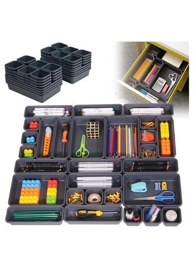 32 PCS Drawer Organizer, Separators Drawer Divider Trays for Kitchen Cutlery, Makeup, Office, Jewelries, Pens(Black)