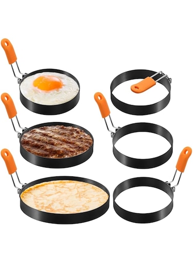 Patelai 6 Pcs Egg Ring Pancake Ring Set Stainless Steel Fried Egg Molds Griddle Pancake Shapers with Silicone Handle for Breakfast Omelette Sandwich(Round Style,4 Inch, 6 Inch, 8 Inch)