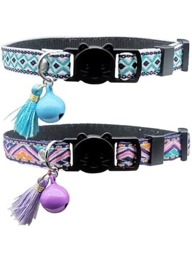 IDOLPET 2 Pack Cat Collar Breakaway Cat Collar Set with Tassel Tribal Aztec Pattern Adjustable Safety Kitten Collar with Bell (Pink + Purle)