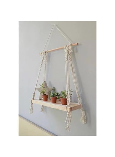 Decazone &reg; Macram&eacute; Wall Hanging Shelf Pine Wood Floating Shelve with Wooden Dowel Modern Chic Woven D&eacute;cor for Dorm Living Room Nursery Beige Colour 55 x 43cm