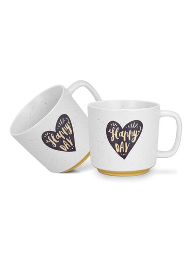 2-Piece Mugs 490ml Happy Day With Heart Coffee Mugs Set Couple Mug Valentines Day, New Bone China with Non Slip Bottom Coffee Cups for for Tea, Coffee, Present For Her/Him, Surprise Gift For Heart Day
