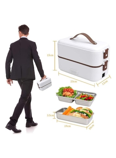 Electric Heating Lunch Box, 304 Stainless Steel, 2 Removable Compartments, Portable for Office &amp; Home Use, 220V (White)