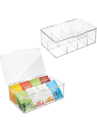 CENXI Tea Bag and coffe Organizer Clear Acrylic Tea Storage Box with Lid, Plastic Tea Bag Holder Stackable Tea Organizer for Tea Bags Container Dispenser -(2 Pack)