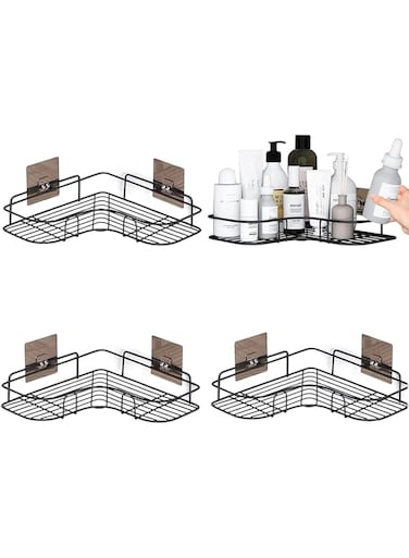 SKY-TOUCH 4Pcs Corner Shower Shelves，Self Adhesive No Drilling Wall Mounted Shower Storage Shelf Organizer For Your Bathroom, Kitchen And Toilet，Iron Art，Black 27 * 27cm
