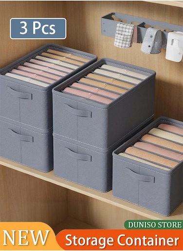 3 Pcs Clothing Storage Container, Fabric Storage Box Organizer Foldable Closet Organizer for Jeans, Shirts, Sweaters, Grey(6/7/9 Grids)