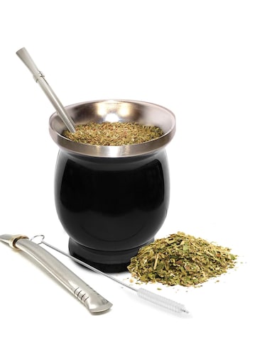 Mate Cup Kit, 8-Ounces Traditional Mate Tea Cup/Gourd Set   Includes 2 Bombillas (Yerba Mate Straw) &amp; Cleaning Brush, Stainless Steel Cup, Double-Walled, Easy to Clean   Black