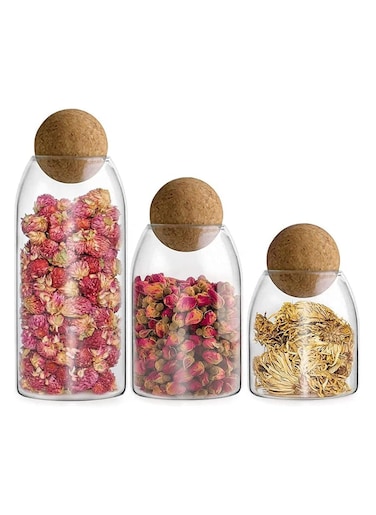 Glass Jar with Ball Cork Lid, Glass Canister with Wood Lid, Storage Container Jars for Coffee, Tea, Spice, Sugar, Salt, Set of 3 (500ml+800ml+1200ml)