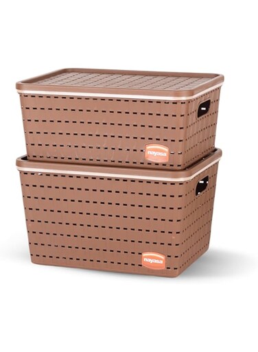 Nayasa Gloria 2 Pcs Set Basket   Medium 1 + Big 1   Plastic Basket With Lid   Multipurpose Basket With Lid   Organizer Basket With Lid   Brown