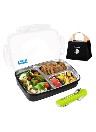 AC&amp;L 1000ml Stainless Steel Lunch Box, Bento Box with 3 Compartment for Kids and Adults, Skid-proof Silicone with Tableware Set and Insulated Lunch Bag, Dishwasher &amp; Microwave Safe (Black)