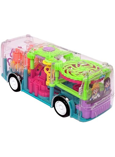 Farewell Transparent 3D Bus Toy 360 Degree Rotation, Gear Simulation Mechanical Bus Sound and Light Toy for 2-5 Years Boys and Girls Vehicle Play Set (Gear Bus)