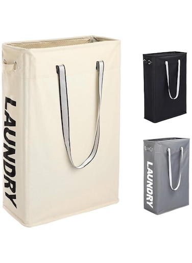 NALACAL Tall &amp; Slim Collapsible Laundry Hamper (24"), Handy Hanging Laundry Basket with Waterproof, Dustproof Mesh Cover &amp; Soft Handle &ndash; Ideal for Travel and Home (Beige1)