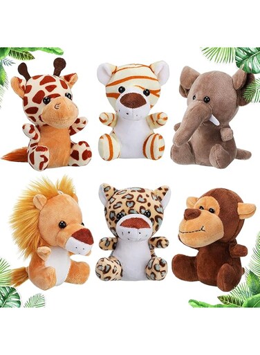 ELECDON Toy Decorations, 6 Pieces Mini Stuffed Forest Animals Jungle Animal Plush Toys in 4.8 Inch Cute Plush Elephant Lion Giraffe Tiger Plush for Animal Themed Parties