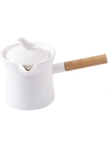 FBWSM Mini Milk Pot Non-Stick Ceramic Milk Pan with Wooden Handle Casseroles with Spout Flower Teapot-500ml