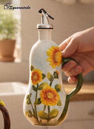 Sunflower Ceramic Olive Oil Dispenser Bottle &acirc;&euro;&ldquo; Hand Painted Oil &amp; Vinegar Bottle with Handle, Stainless Steel Spout, Kitchen Decor