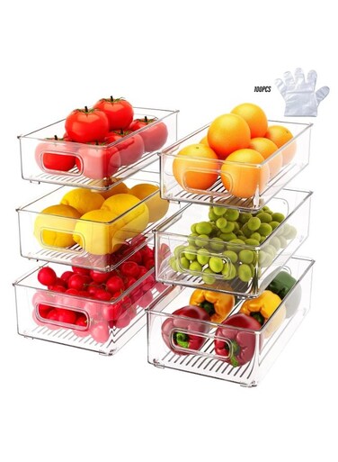 6 PCS Clear Plastic Drawer Organizers and 100 PE Thickened Gloves, Multi-Purpose Storage Bins for Makeup, Jewelry, Bedroom, Bathroom &amp; Office Organization