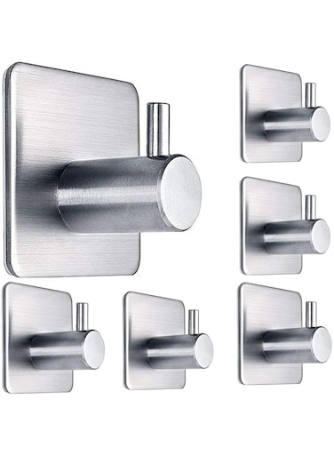 Zalcoon Adhesive Hooks, Silver Self Adhesive Towel Hooks Waterproof Shower Wall Stick on Hooks Heavy Duty Stainless Steel Bathroom Kitchen Sticky Hooks for Towel Robe Loofah Key Coat Bag - 6 Pcs