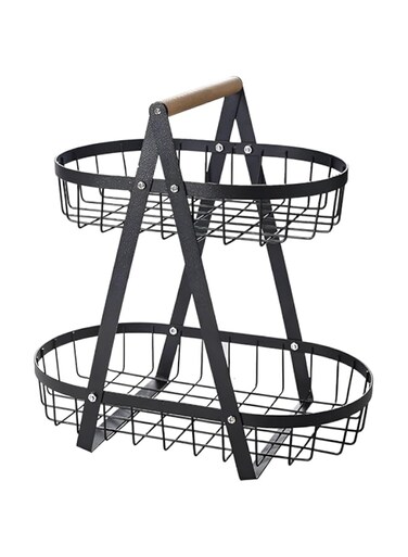 VIO 2 Tier Countertop Metal Fruit Basket Fruit Bowl Bread Basket Vegetable Holder Organiser 2 Level Decorative Storage Stand Tray for Home Kitchen Countertop Great Gift Oval Black (Black)
