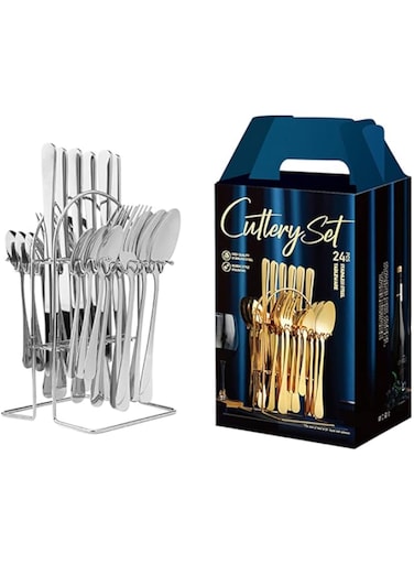 Arabest 24 Piece Silverware Flatware Set With Stand,Stainless Steel Utensils Service set for 6,Mirror Polished Cutlery Set,Dishwasher Safe Knife Fork Spoon Tableware set (Silver, Set B)