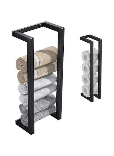 2 In 1 Modern Towel Rack For Rolled Towels, Towel Storage Rack For Bathroom Or Toiled Paper Organizer, Wall Mounted Premium Aluminum Matte Black Bath Towel Holder, Easy To Install (Black)