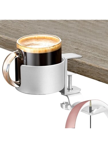 Barafat Desk Cup Holder, 2-in-1 Anti-Spill Cup Holder Clamp with Rotatable Headphone Hanger, Home Office Coffee Water Organizer Table Cup Clip Perfect for Workstations, Gaming Desk, Wheelchairs
