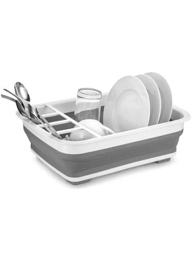 Dubai Gallery Easy Storage Collapsible Dish Rack And Drainer With Cutlery Holder Grey/White