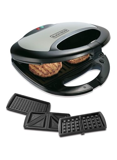 Black &amp; Decker 750W Sandwich Maker 2 Slot Non-Stick 3in1 Interchangable Sandwich Grill And Waffle Maker, With Indicator And Ready to Cook Lights For Quick and Easy Dishes TS2090-B5 2 Years Warranty