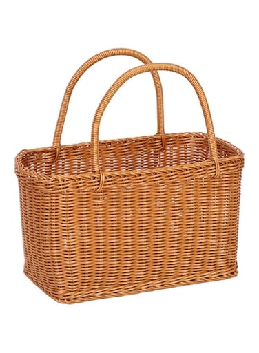 DEONG Handwoven Rattan Handle Picnic Basket Basket with Handle, Wicker Picnic Basket Pastoral Picnic Basket Large (M: 36 * 18 * 20CM), Brown