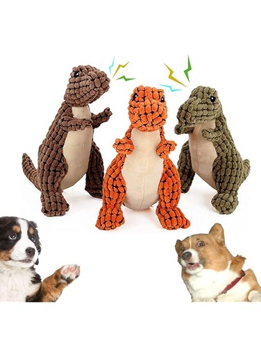 KASTWAVE Dog Toy for Aggressive Chewers, 3pcs Indestructible Robust Dino Stuffed Plush Squeaky Dog Toy for Small Medium Large Dog