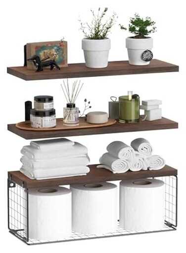 Bathroom Shelves Over Toilet with Storage Basket, Floating Bathroom Wall Shelves for Home Organization &amp; Wall Decor, Bathroom/Kitchen/Living Room Shelves,Natural Wood (Carbonized Brown)