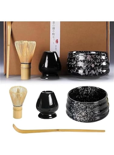 Matcha Whisk Set, 4pcs Japanese Tea Set,Matcha Whisk,Traditional Scoop, Matcha Bowl, Ceramic Whisk Holder,Traditional Matcha Tool Set for Matcha Tea Ceremony (Black)