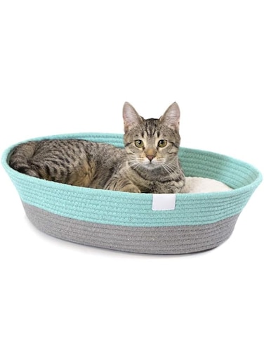 TOMVAES 2 In 1 Woven Basket, Cat Scratcher Bed with Soft Cushion, Sleeping Nest Basket for Indoor Pet Puppy Kitten Rabbit Small Animal, BreedHouse for Indoor Cats Small Dogs, 43 * 35.5 * 12.7cm