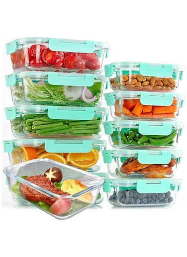 Glass Meal Prep Containers (10 pcs Rectangle) - Glass Food Storage Containers with Lids, Glass Lunch Box, Portion Control, Airtight, Glass Bento Box Lunch Containers- 10P Rectangle Light Blue