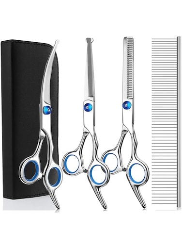 YONGERN 3 Pack Dog Grooming Scissors with Safety Round Tip, Perfect Stainless Steel Up-Curved Grooming Scissors Thinning Cutting Shears with Pet Grooming Comb for Dogs and Cats