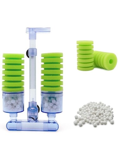 boxtech Aquarium Biochemical Sponge Filter, Ultra Quite Aquarium Double Head Bio Sponge Fish Tank Foam Filter-Green