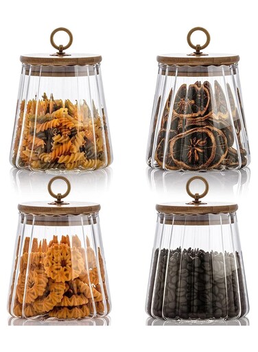 Airtight Glass Jars Set of 4,Glass Coffee Nuts Canister with Bamboo Lid,Petal Decorative Coffee Storage Container (Taper)