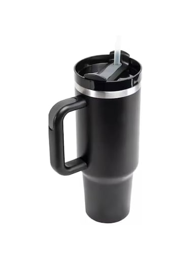 COMFET 40oz(0.9 liter) Tumbler with Handle Insulated Double Vacuum Stainless Steel, Leak Resistant Lid and BPA-Free Mug with Straw Water Bottle (Hot/Cold) for Travel, Home, Office Easy to Carry(BLACK)