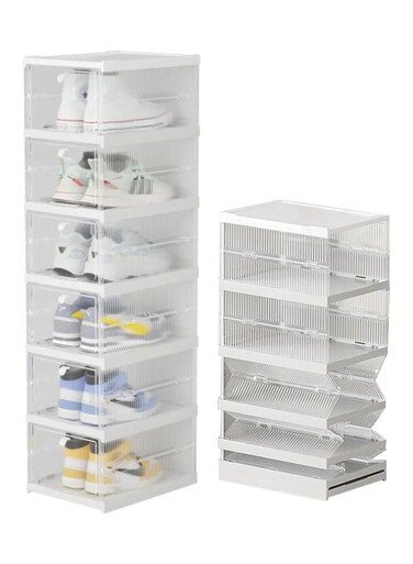 Nest Foldable 6-Tier Shoe Rack Organizer Space-Saving Foldable Shoes Storage Container with Doors Clear Plastic Closet Stackable &amp; Expandable Shoe Box Cabinet for Home
